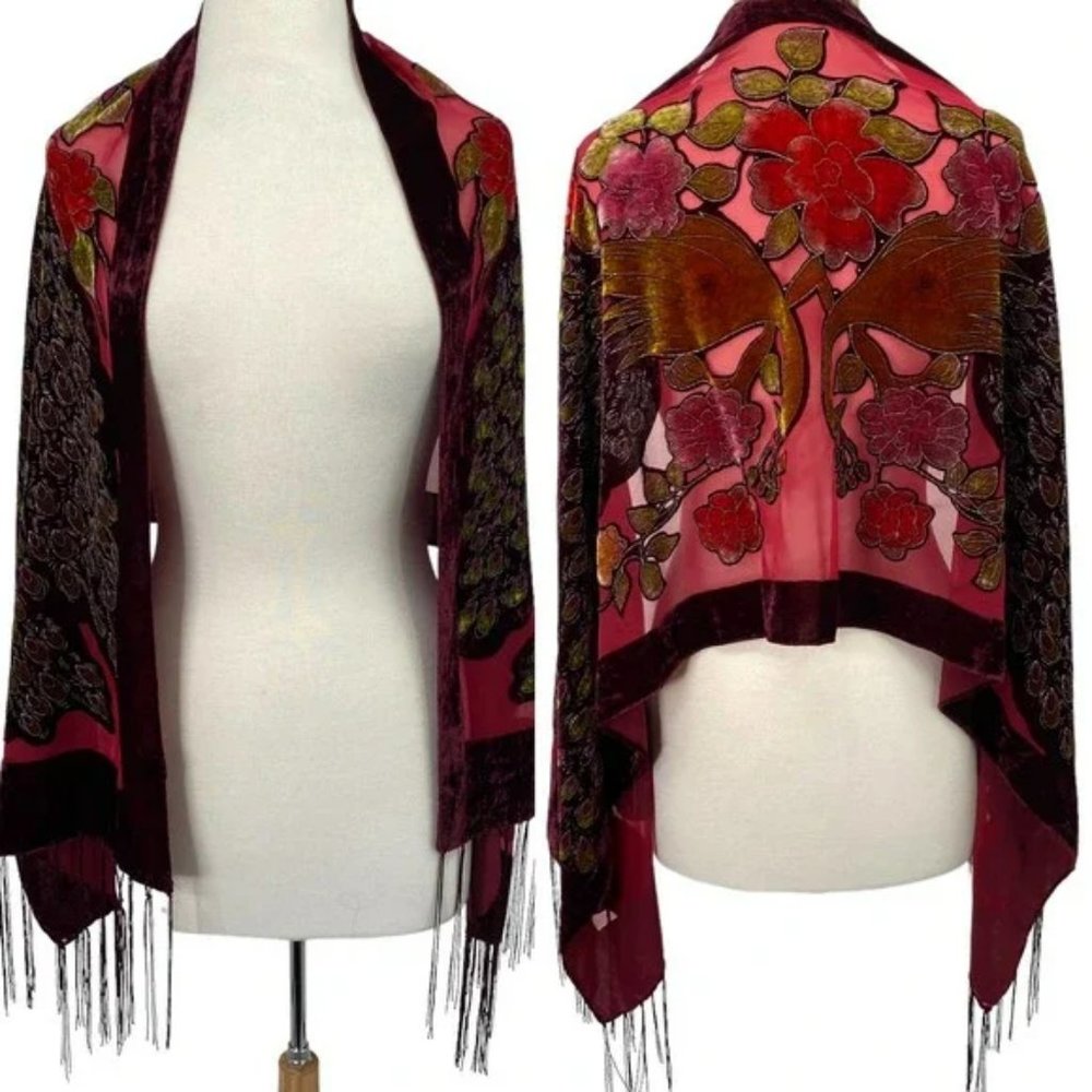 Velvet Burnout Floral Peacock Sheer Scarf Wrap Maroon Red Green